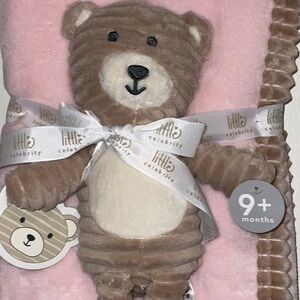 BABY GIRL PINK PLUSH BLANKET + TAN RIBBED BABY BEAR PLUSH TOY 30x40 NWT